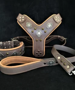 "AZTEC” GROTE HONDEN SET - Harnas - halsband - riem. Grijs