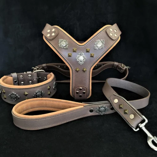 "AZTEC” GROTE HONDEN SET - Harnas - halsband - riem. Grijs