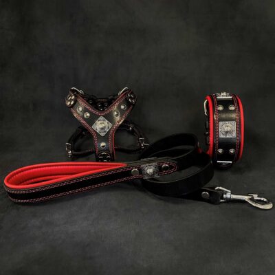 "EROS" Small to Medium dog SET - Harness - collar - lead Black&Red
