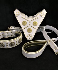 "Maximus White" BIG dog SET- Harness - collar - lead. Brass rivets